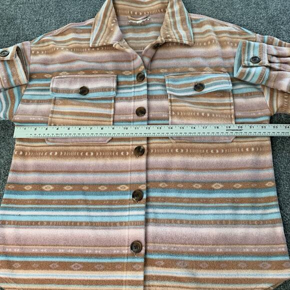 Pink Rose Fleece Shirt Women’s XL Aztec Geometric Pattern Button Up Brown Blue - Picture 5 of 9